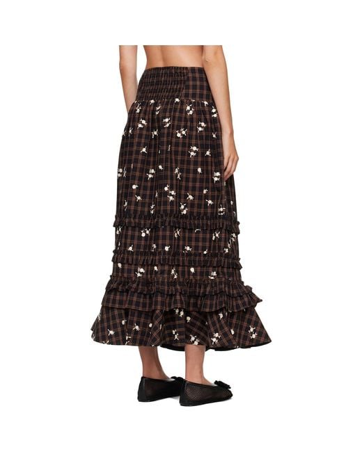 Ganni Brown Yarn Dyed Check Long Tiered Frill Maxi Skirt