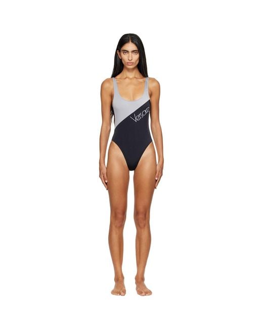 Versace Blue Embroidered-Logo One-Piece Swimsuit