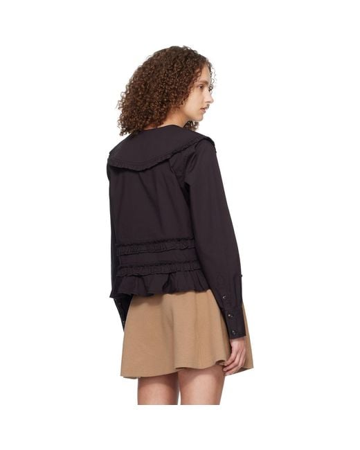 Ganni Black Stretch Cotton Ruffle Shirt
