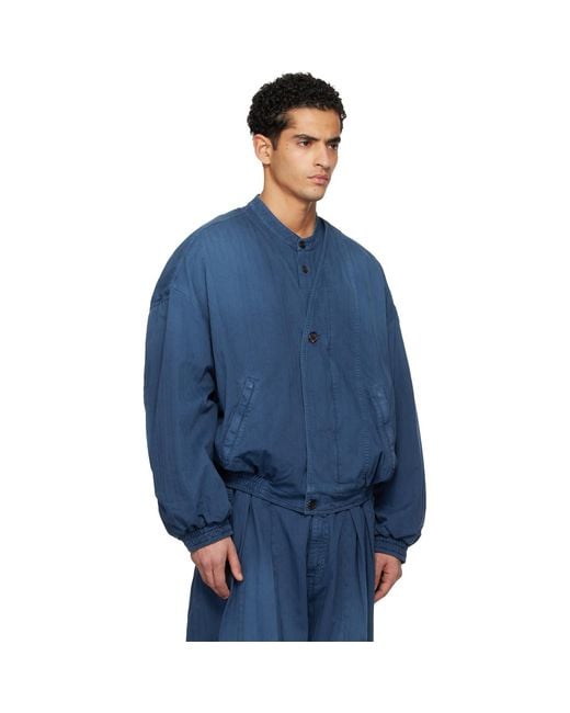 Hed Mayner Blue Herringbone Denim Bomber Jacket for men