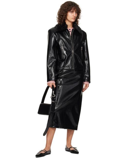 MSGM Black Patent Faux-Leather Midi Skirt