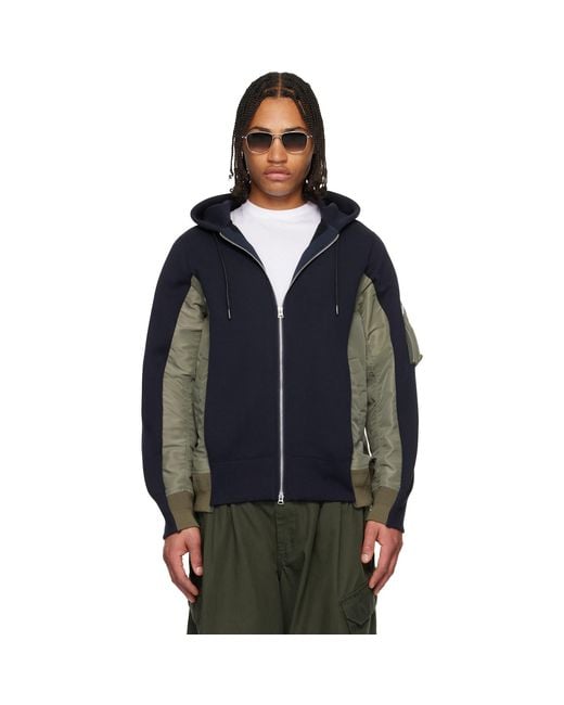 Sacai Blue Khaki Sponge Sweat & Nylon Twill Hoodie for men