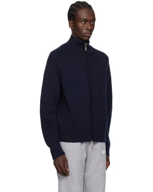 Jacquemus Blue 'High Neck Zipped Cardigan, Dark, 100% Wool, Size: Small for men