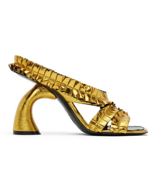 Dries Van Noten ゴールド フリル ヒールサンダル Black