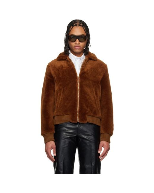 Ernest W. Baker Brown Zip Shearling Jacket for men