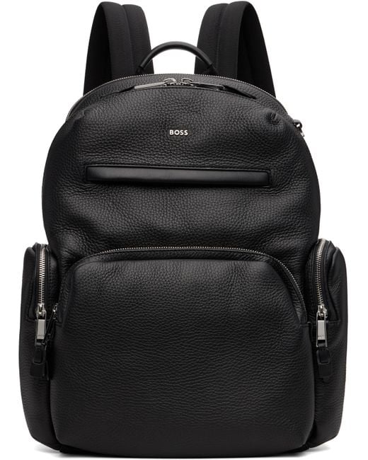 Boss Black Italian-Leather Zipped Side Pockets Backpack for men