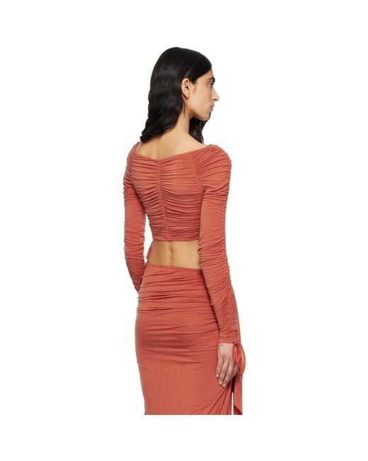 Balmain Red Ls Cropped Draped Jersey Top