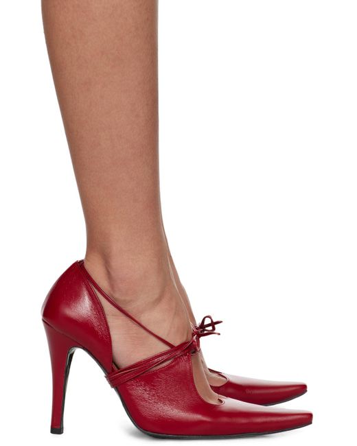 Pushbutton Red Self Tie Strap Heels