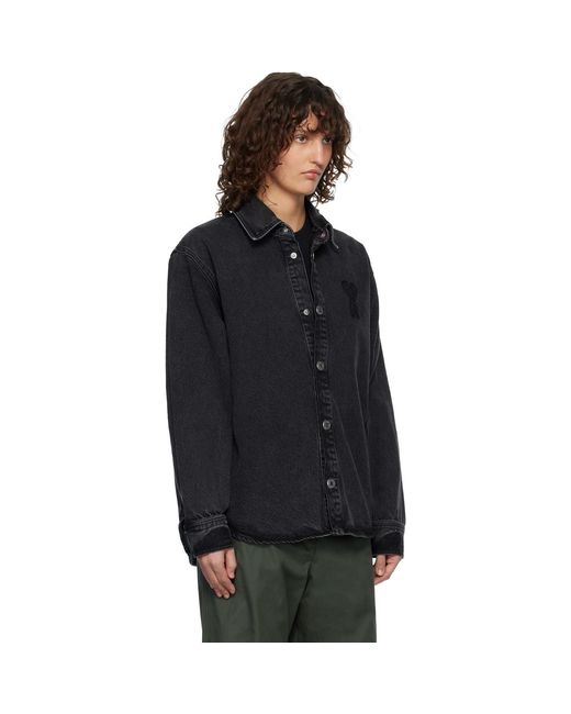 AMI Black Cotton Knitted Ami De Coeur Denim Overshirt