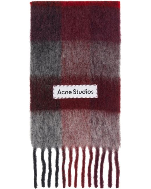 メンズ Acne レッド＆グレー チェック フリンジ マフラー Red