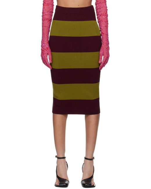 Dries Van Noten Black Burgundy & Khaki Striped Midi Skirt