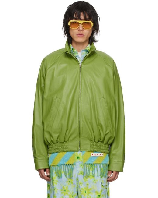 Marni Green Band Collar Leather Jacket for men