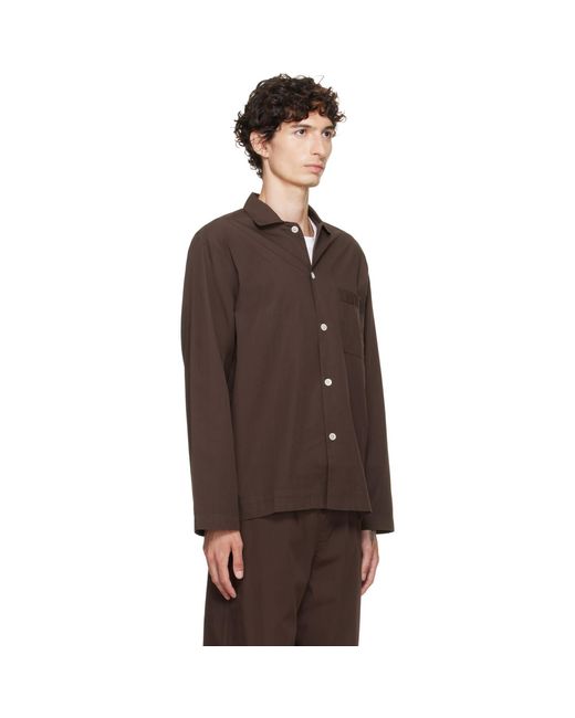 Tekla Brown Poplin Long-Sleeved Pyjama Shirt for men