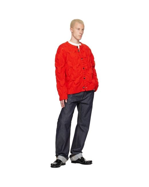 Bottega Veneta Red Wool Twisted Cable Cardigan for men