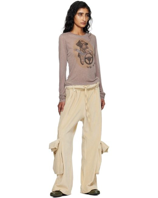 OPEN YY Natural Rolled Waist Velour Cargo Pants
