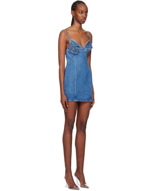 Robe courte bleue en denim à ornements en verre taillé Area en coloris Black