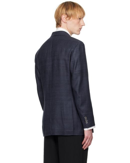 Drake's Blue Tussah Silk Double-Breasted Tailored Blazer for men