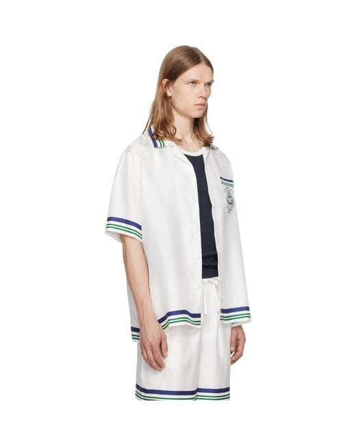Casablanca Blue Hotel Emblem Short Sleeve Silk Shirt for men