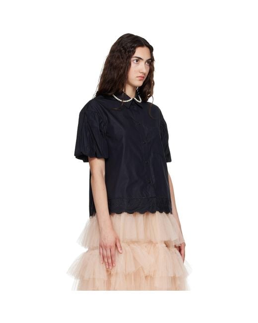 Simone Rocha Blue Cropped Puff Sleeve Lace Trim Shirt