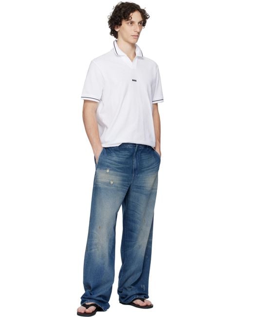 Boss White Relaxed-Fit Cotton Mesh Polo for men