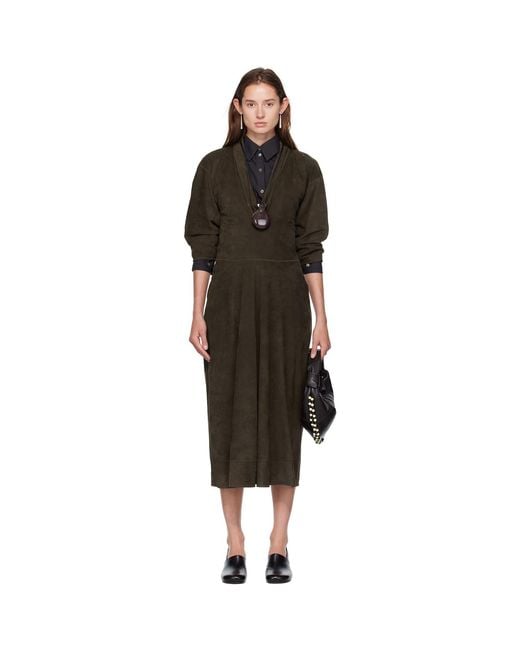 Lemaire Black Khaki V-Neck Nubuck Midi Dress
