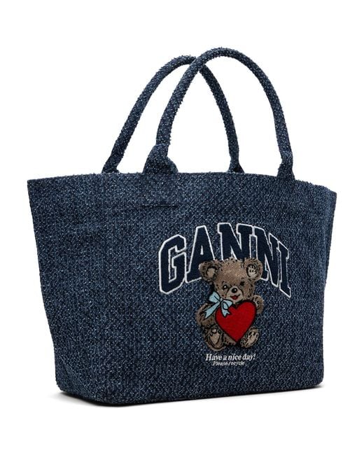 Ganni Blue Medium Trapeze Bear Denim Shopper Tote