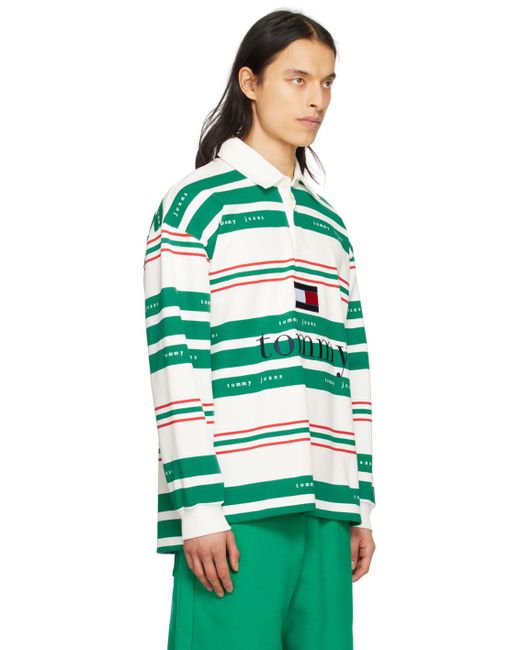 Tommy Hilfiger Green & White Striped Rugby Long Sleeve Polo for men