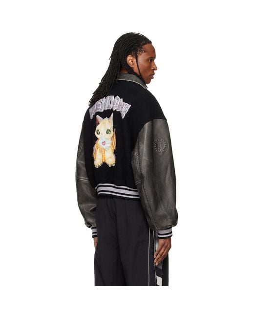 we11done Black Faux-Leather Varsity Jacket for men