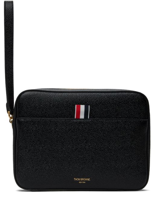 メンズ Thom Browne ブラック ペブルグレイン レザー ポーチ Black
