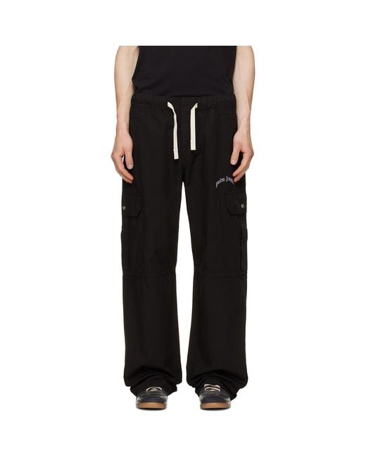 Palm Angels Black Curved Logo Loose Cargo Pants for men