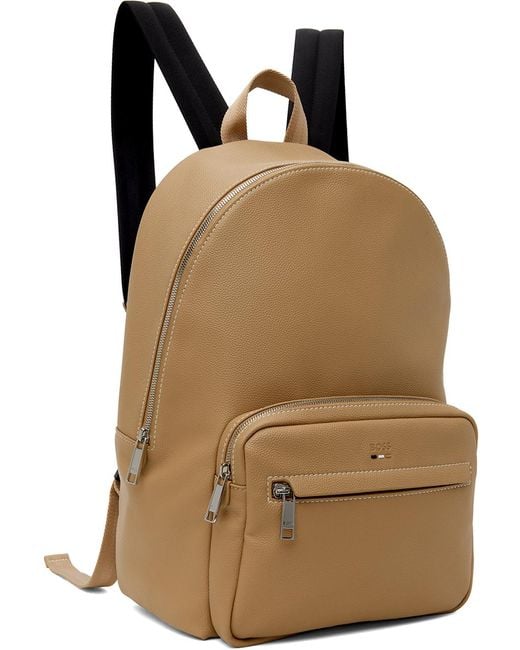 Boss Brown Beige Faux-leather Logo & Signature Stripe Backpack for men