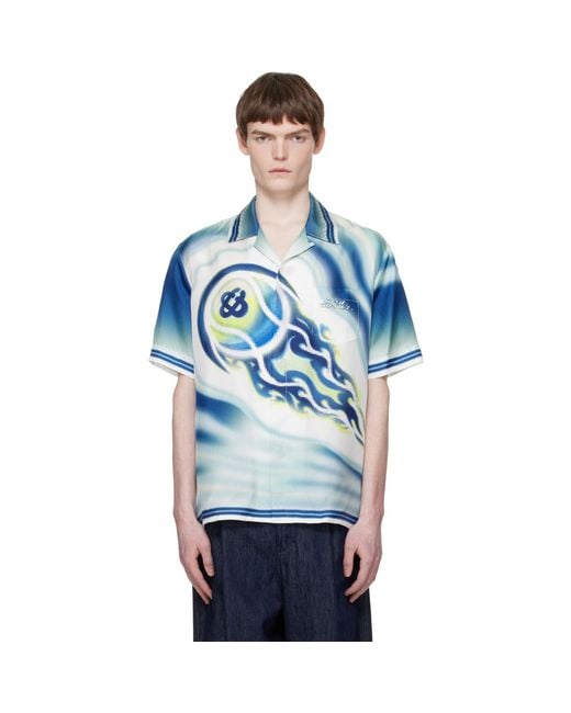 Casablanca Blue 'The Art Of The Serve' Short Sleeve Silk Shirt for men