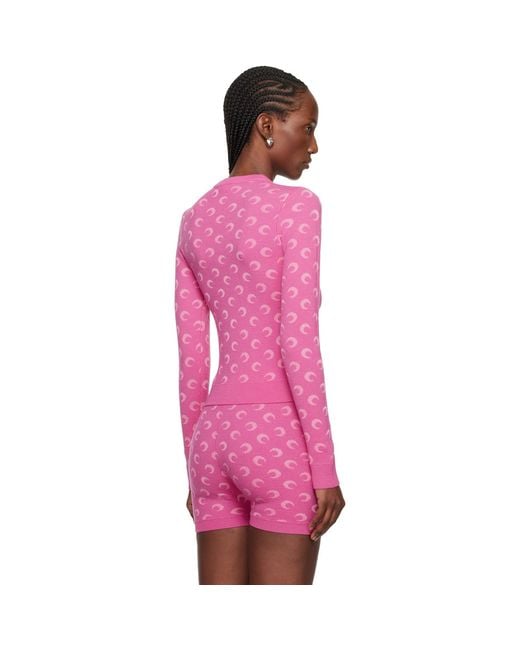 MARINE SERRE Pink Moon Jacquard Knit Fitted Crewneck Sweater