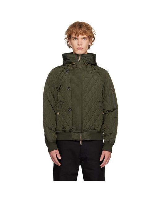 Burberry Green Khaki Hooded Quilted Nylon Bomber Jacket for men