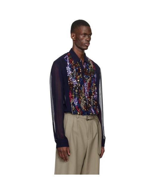 Dries Van Noten Blue Sequinned Shirt for men