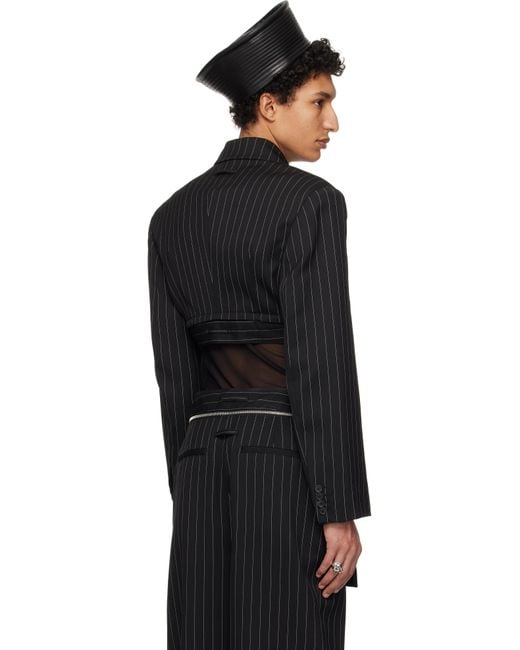Jean Paul Gaultier Black Pinstripe Wool Cropped Tailored Blazer for men