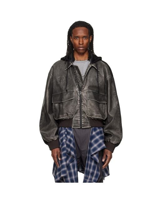 we11done Black Hybrid Hooded Faux-Leather Track Jacket for men