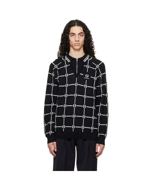 Fred Perry Black F Perry Kris Van Assche Edition Long Sleeve Knitted Polo for men