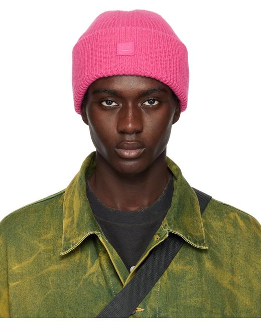 Acne Green Pink Small Logo Beanie for men