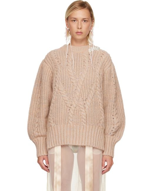 Simone Rocha Natural Embellished Puff Sleeve Chunky Knit Sweater