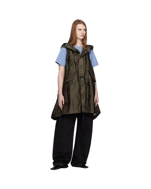 Sacai Black Khaki Quilted Satin Hooded Vest