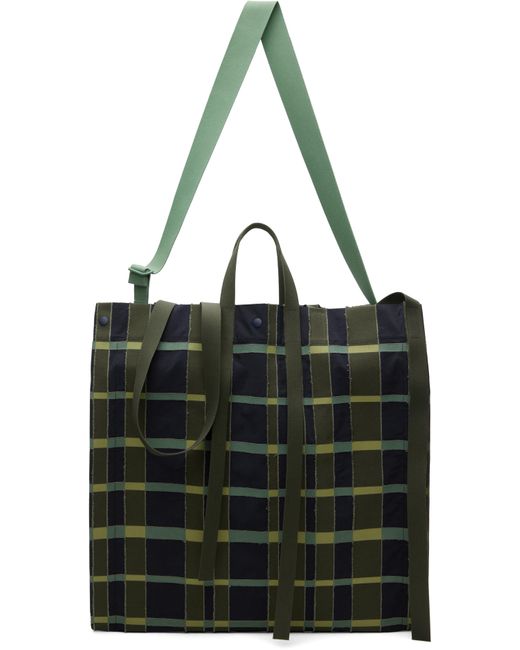 Homme Plissé Issey Miyake Black Khaki Windswept Plaid Tote for men