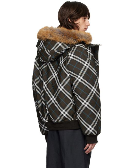 Burberry Black Faux-Fur Trim Check Down Bomber Jacket for men