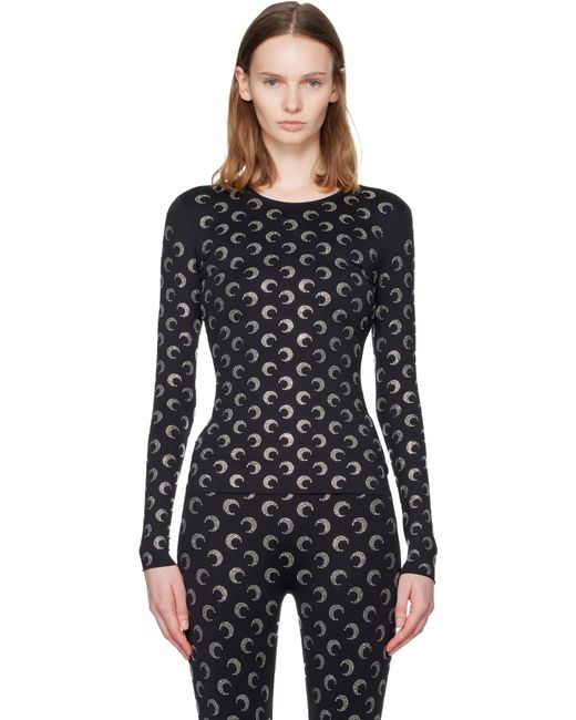 MARINE SERRE Black Recycled Moon Strass Second Skin Crewneck T-Shirt