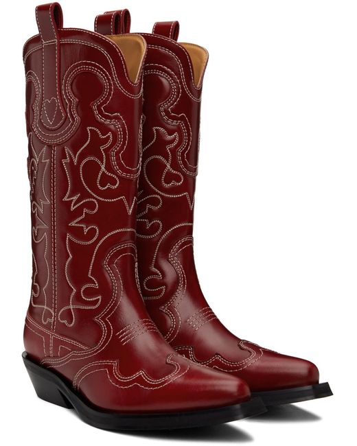 Ganni Red Mid Shaft Embroidered Western Boots