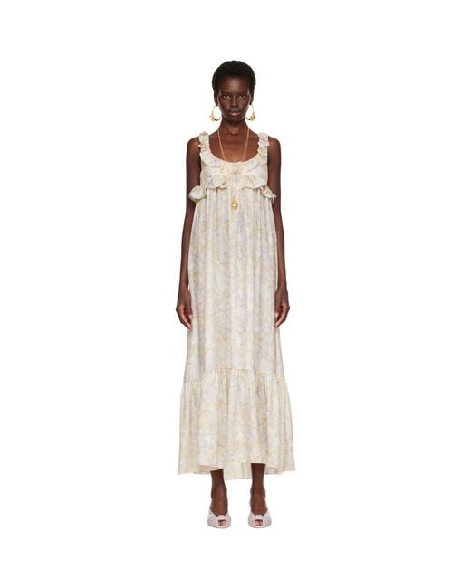 Chloé Natural Painted Flowers Print Silk Charmeuse Maxi Dress