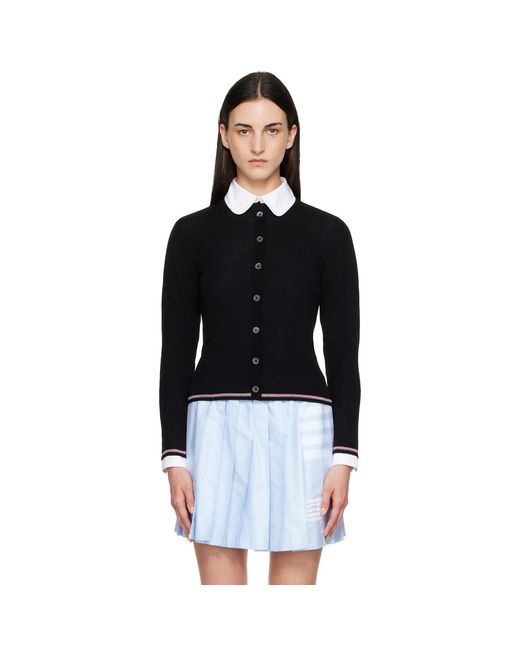 Thom Browne Black Rib Stitch Crew Neck Merino Wool Cardigan