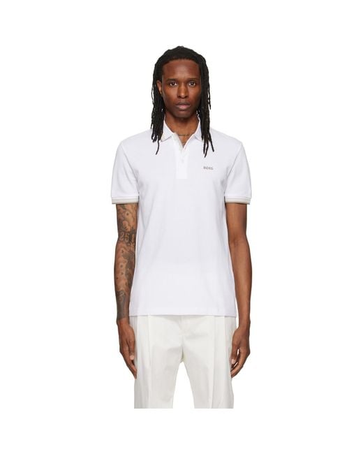 Boss White Contrast-Tipped Cotton Piqué Polo for men