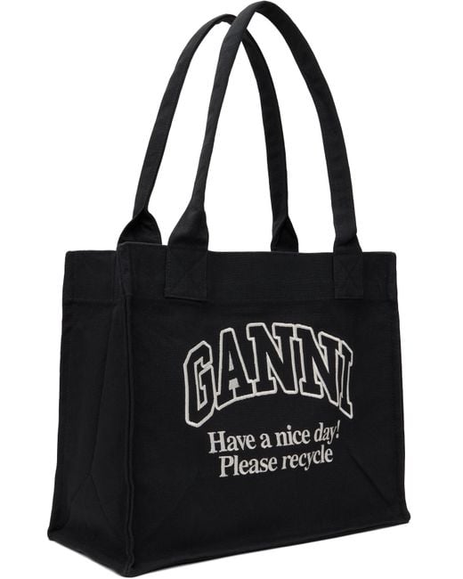 Ganni ブラック ラージ コントラストロゴ キャンバス トートバッグ Black