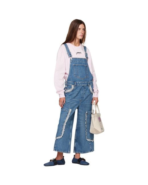 Ganni Blue Cropped Lace Rigid Denim Overalls